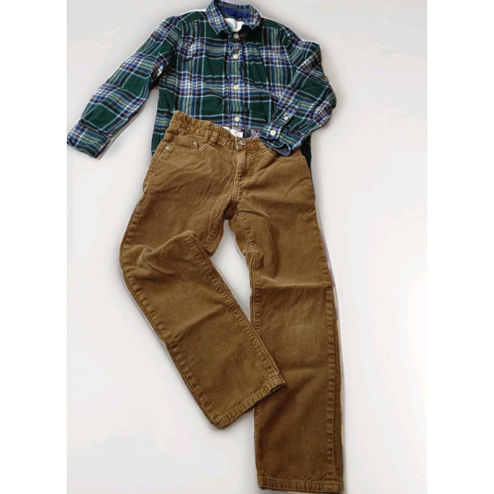 Boden Kids Set Green Plaid Shirt LongSleeve & Brown Corduroy Pants 7-8y